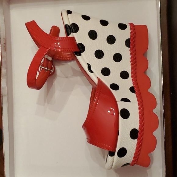 Peep Toe Wedge Heels Red with Polka Dot - Picture 4 of 8